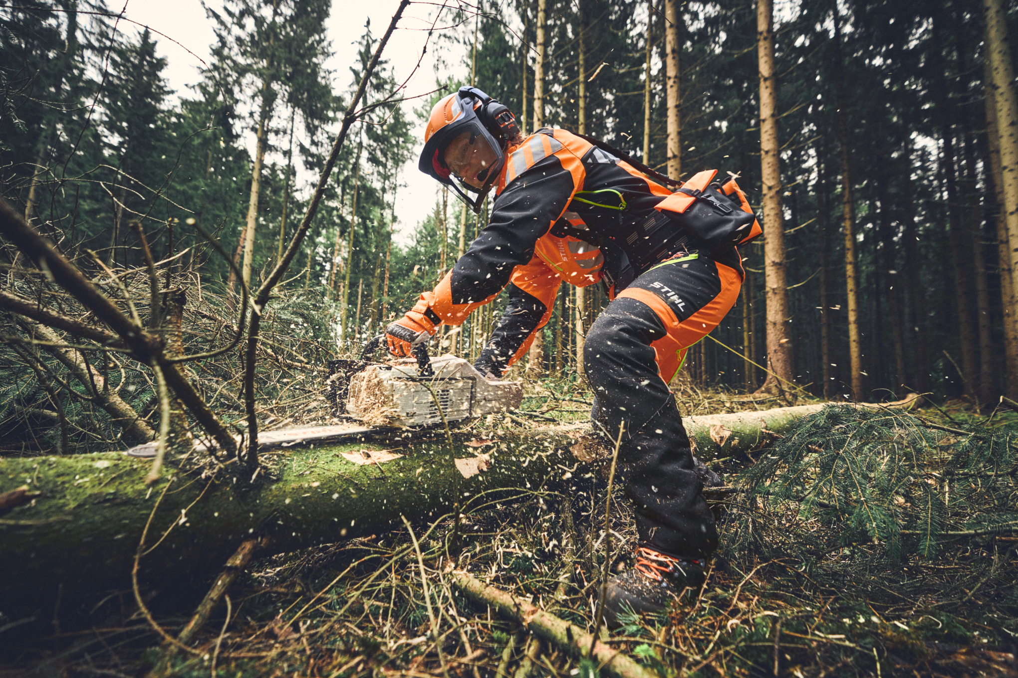 Forestry worker in full Forestry PPE using a STIHL MSA 300 battery chainsaw for delimbing 