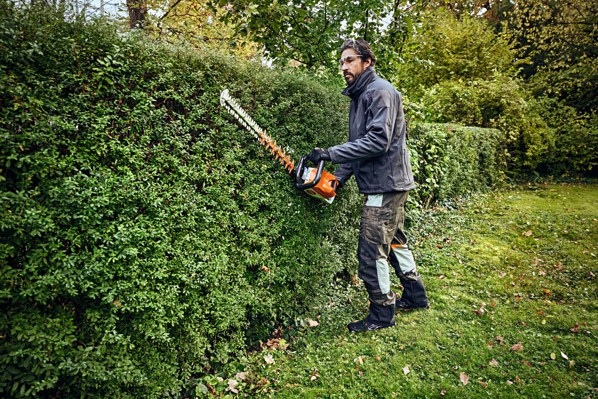 Man wearing protective equipment trimming a hedge with a STIHL long-reach hedge trimmer 