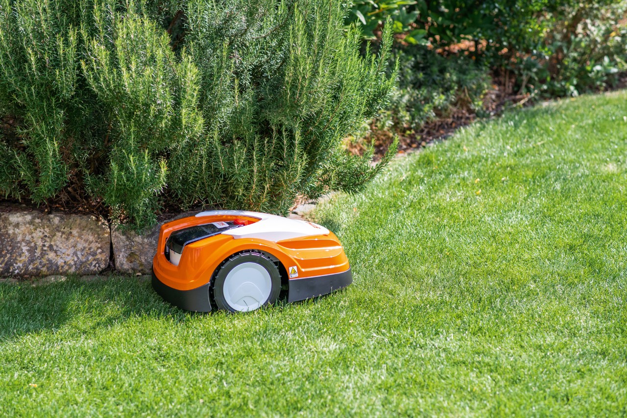 STIHL iMOW® RMI 422 PC robotic mower on a green lawn next to a flowerbed bordered with flat stones
