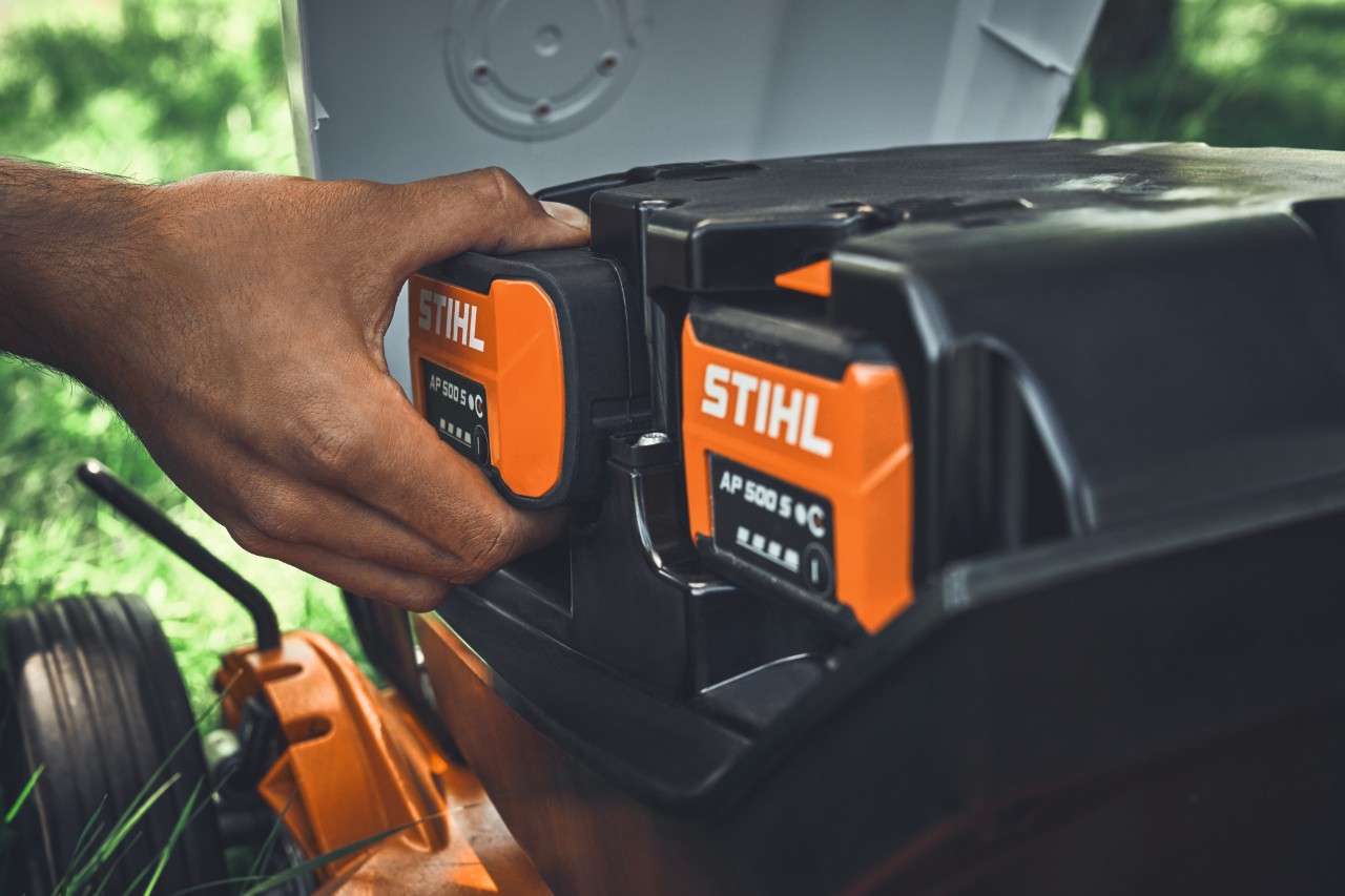 Close-up of STIHL battery packs for professional lawn mowers