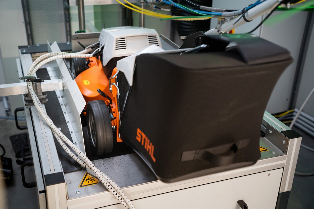 The STIHL pro lawn mower in roller testing