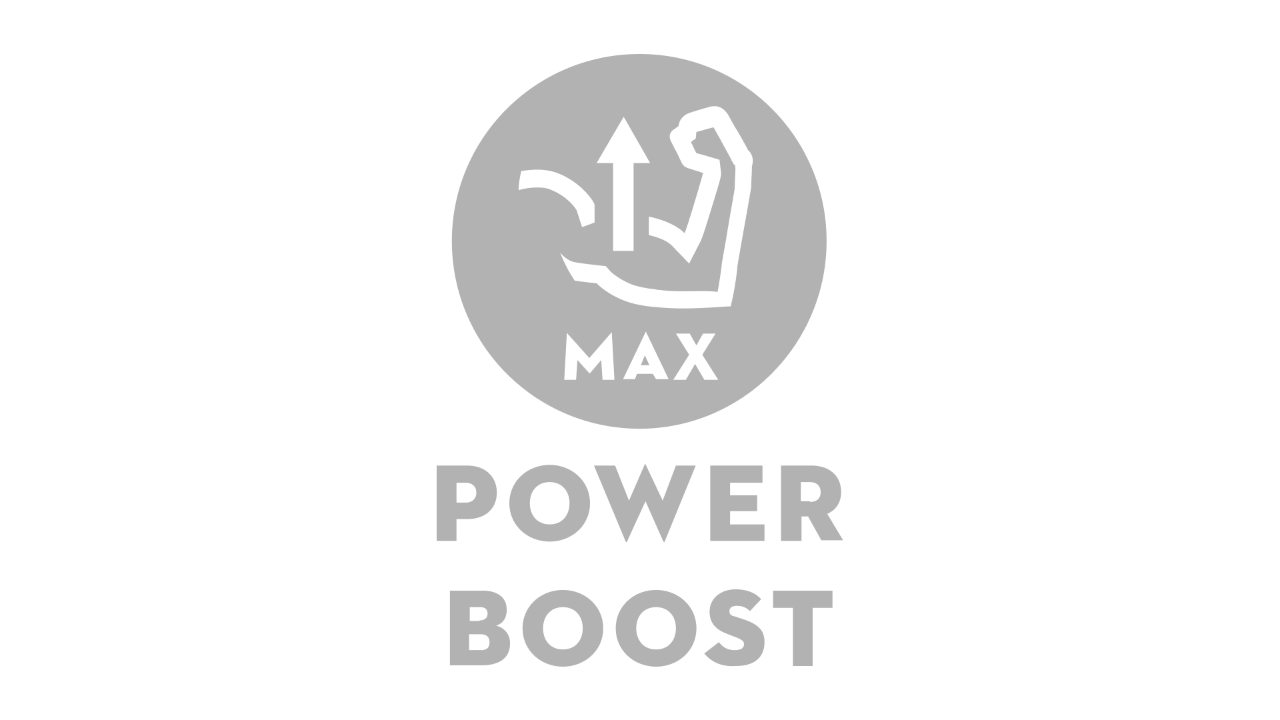 Icon of an arm with flexed muscle and an arrow pointing upwards, with the words “Max” and “Power Boost” underneath 