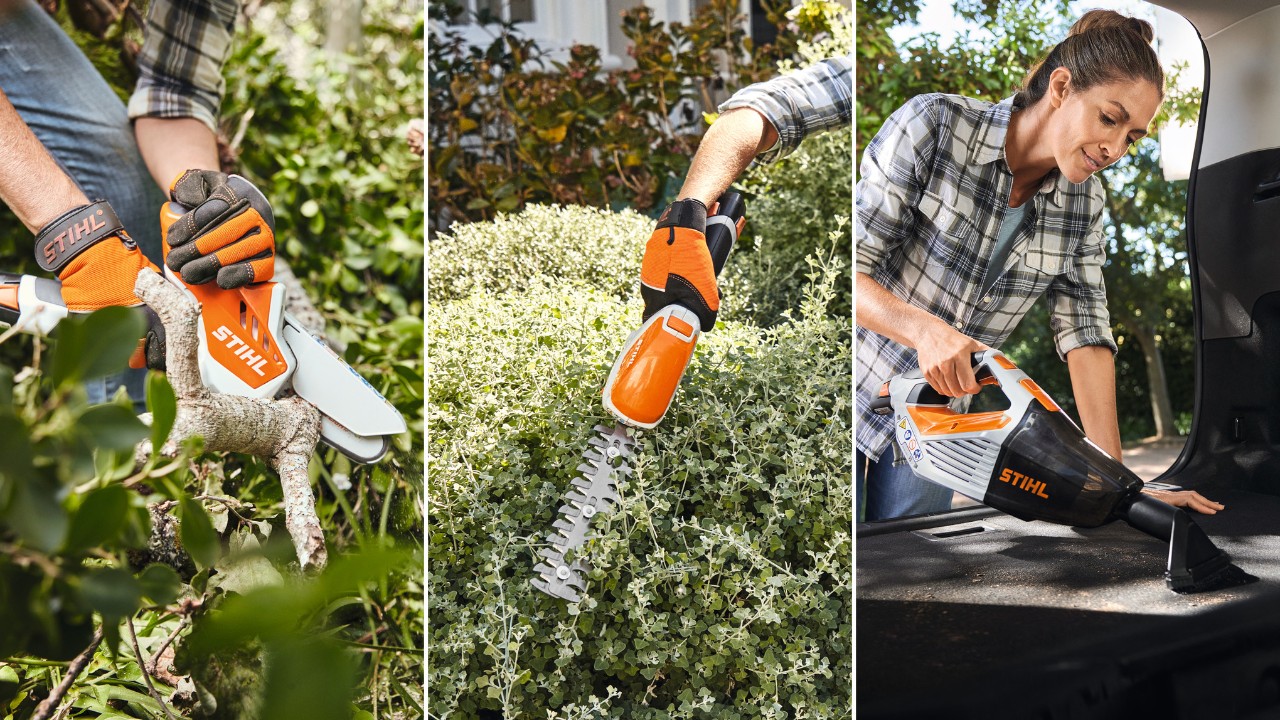 People doing various gardening work, such as trimming hedges and lawn edges using battery power tools from the AS system. Caption: The AS system power tools can be used in a wide range of garden applications 