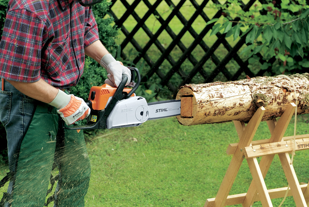 Cut off the body at an angle using a STIHL chainsaw
