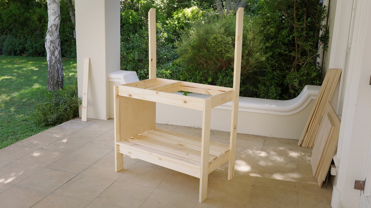 Potting bench with newly attached left side panel