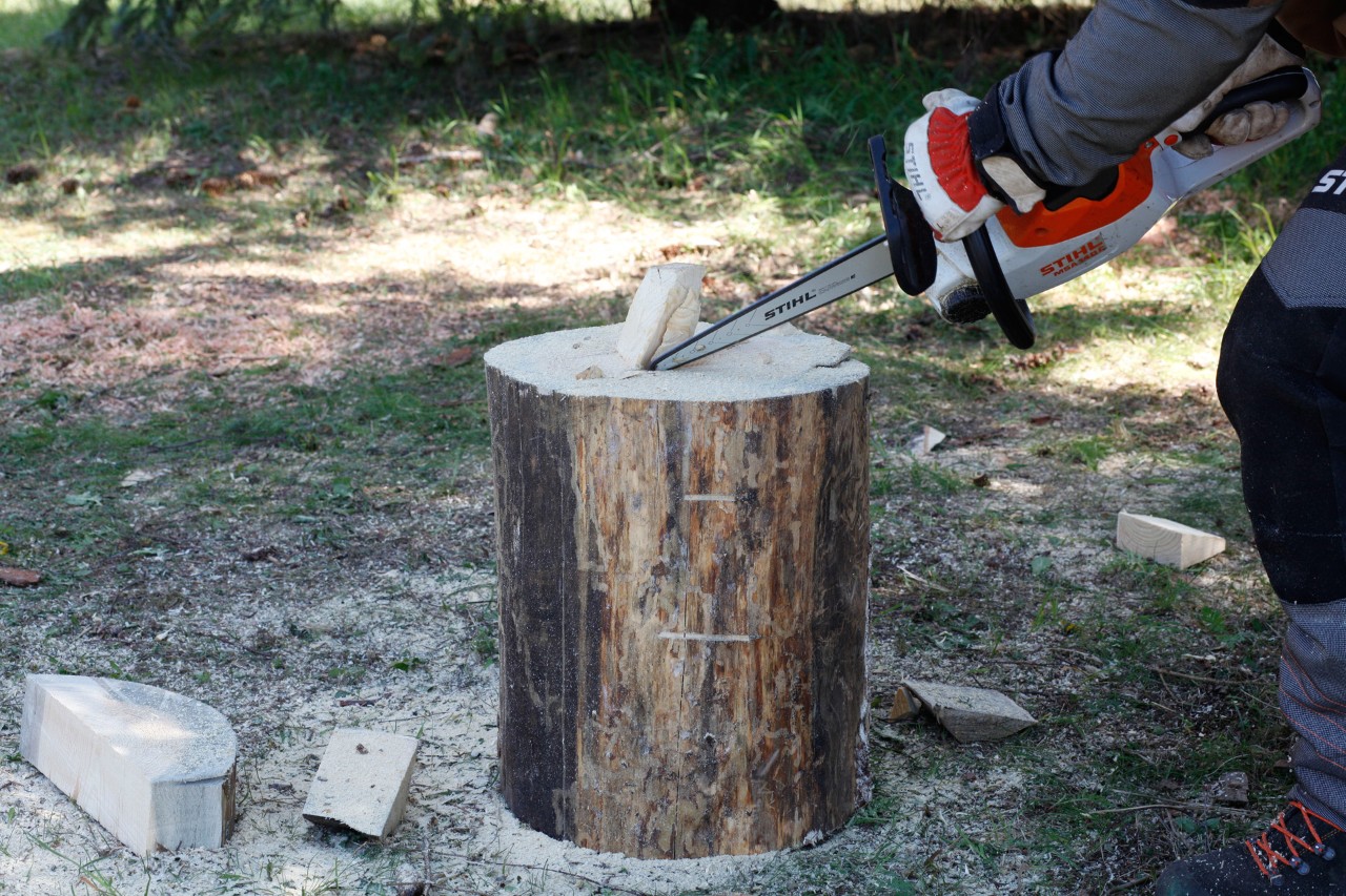 The stalk for a wooden pumpkin being carved from a log using a STIHL MSA 140 C chainsaw