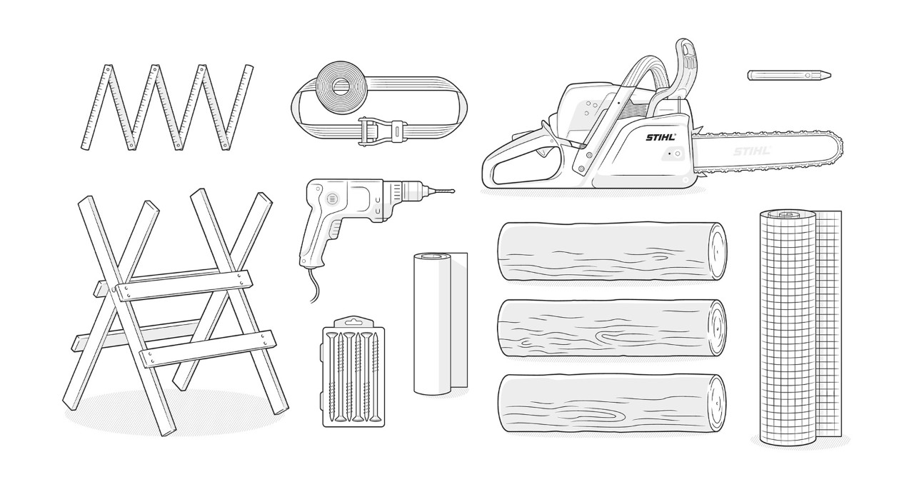 Illustration: round wood, STIHL chainsaw, saw block, tensioning belt, folding rule, wire mesh, screws, battery scraper