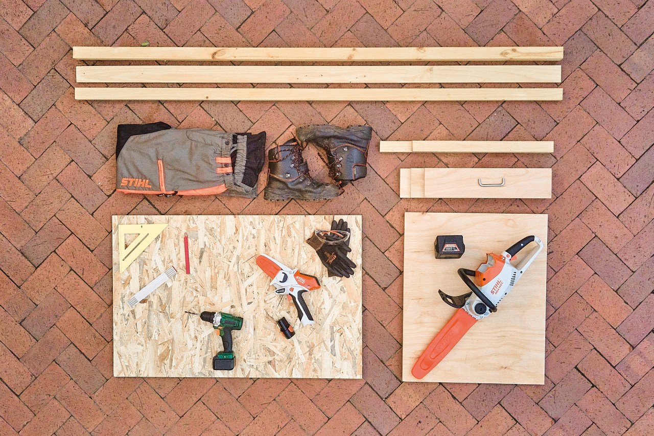Tools to make a DIY power tool rack, including the STIHL MSA 140 C cordless chainsaw 