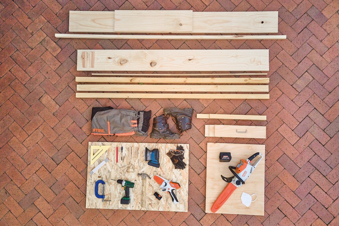 Tools to make a lawn mower storage box, including the STIHL MSA 140 C cordless chainsaw 