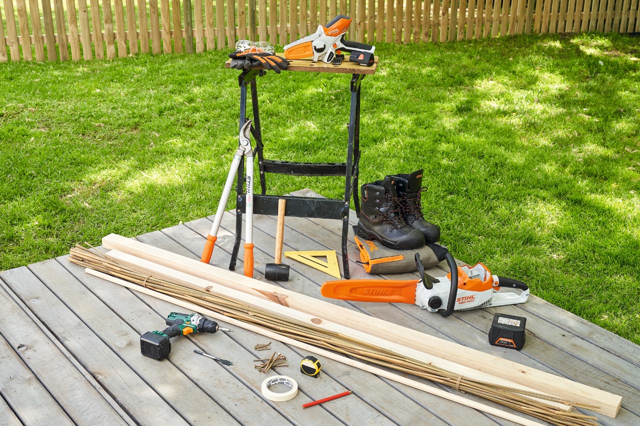 Tools and materials including STIHL MSA 140 cordless chainsaw and GTA 26 cordless garden pruner