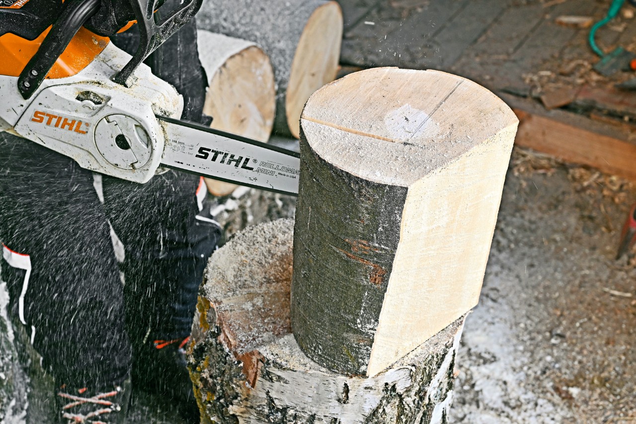 An upright log is cut into with a STIHL MSA 140 C chainsaw