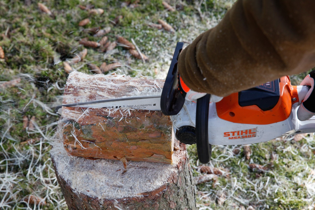  Lengthwise cuts being made into a log with a STIHL MSA 140 C cordless chainsaw to make a DIY bird feeder