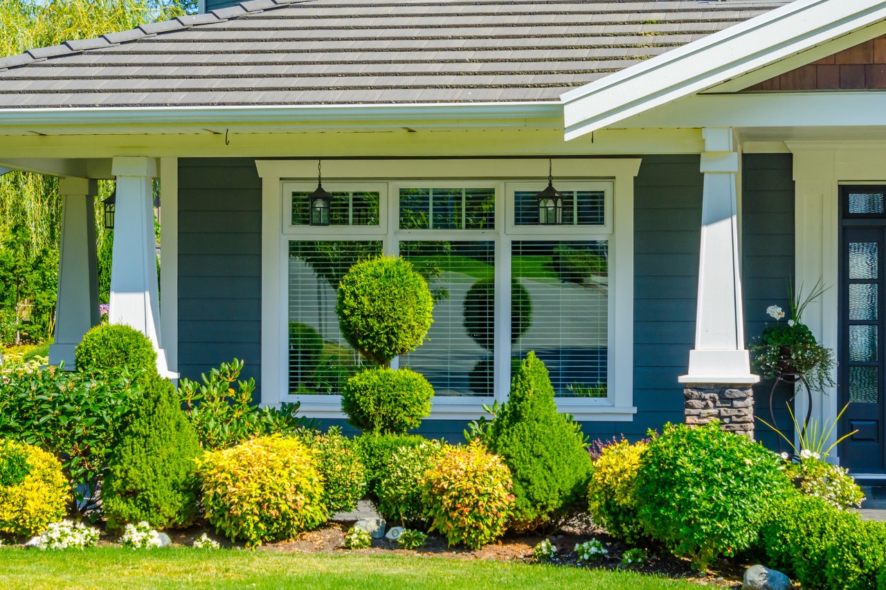 Attractively designed front garden with plants and bushes cut into shapes