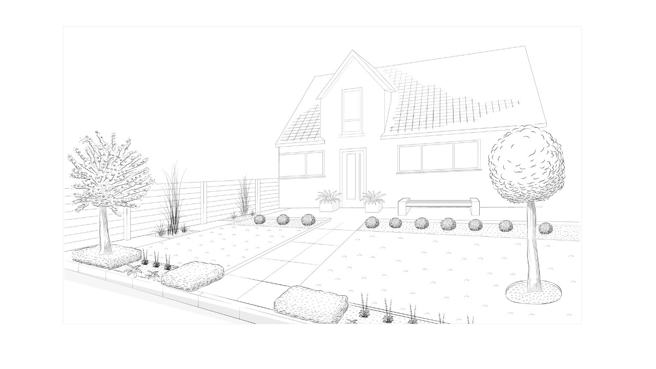 Illustration of an attractively designed modern front garden layout