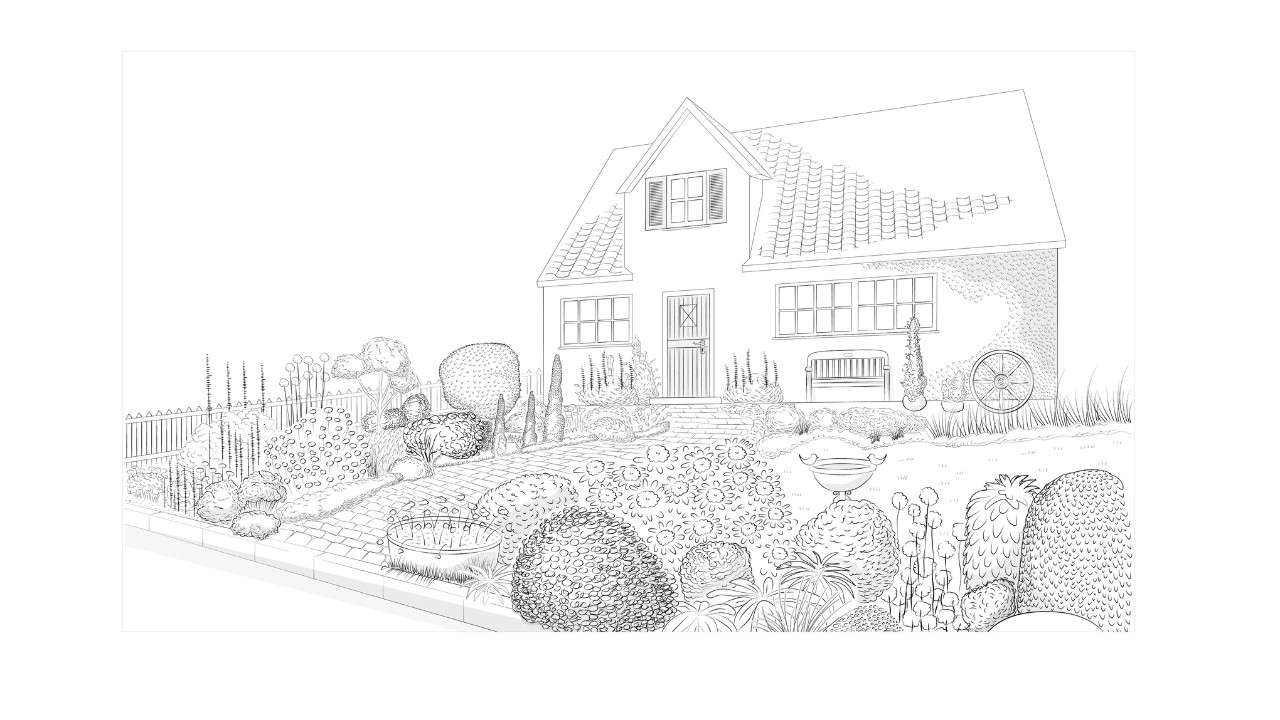 Illustration of an attractively designed cottage-style, low-maintenance front garden 