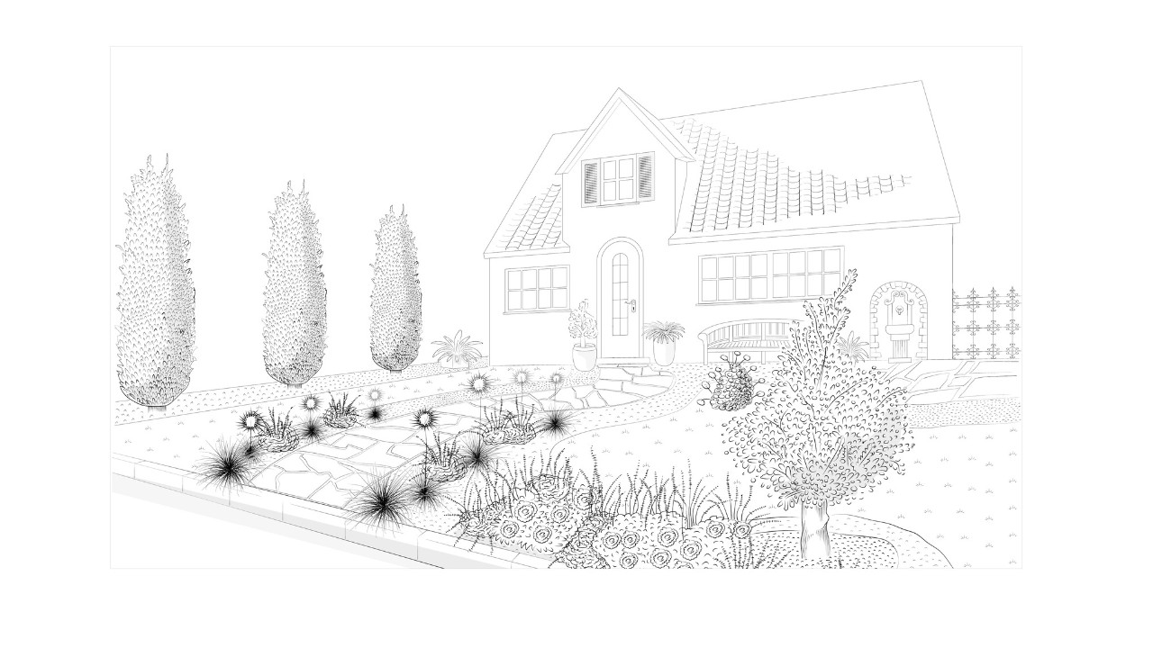 Illustration of an attractively designed Mediterranean front garden layout