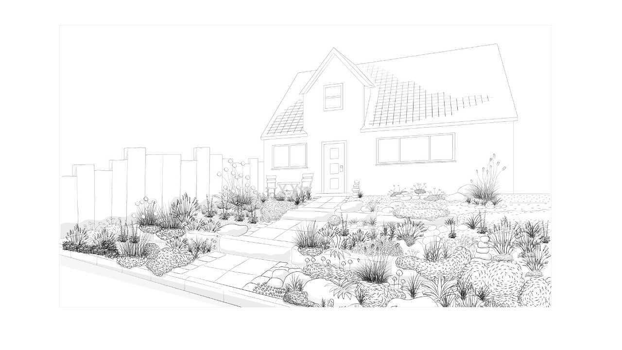 Illustration of an attractively designed front garden idea with stone features