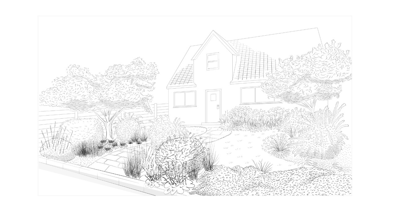 Illustration of a low-maintenance front garden