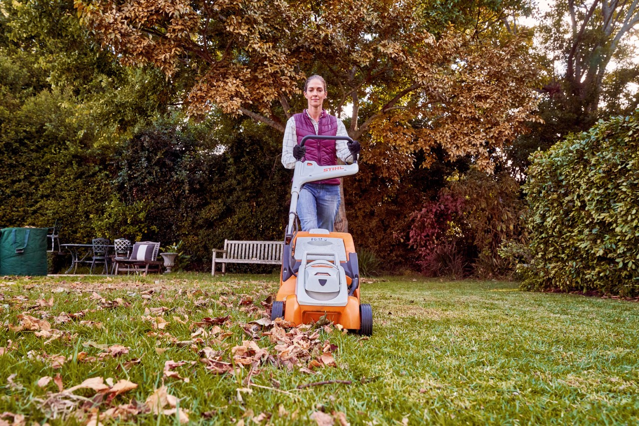 A woman mowing a lawn covered with leaves in the garden in autumn using the STIHL RMA 339 C cordless lawn mower.