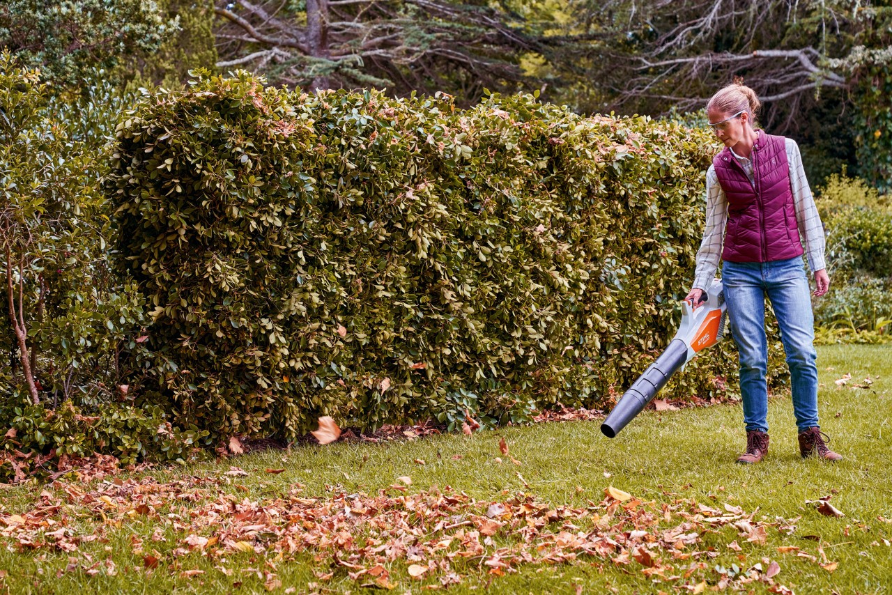 A woman gathers leaves on a lawn using a STIHL BGA 57 cordless blower