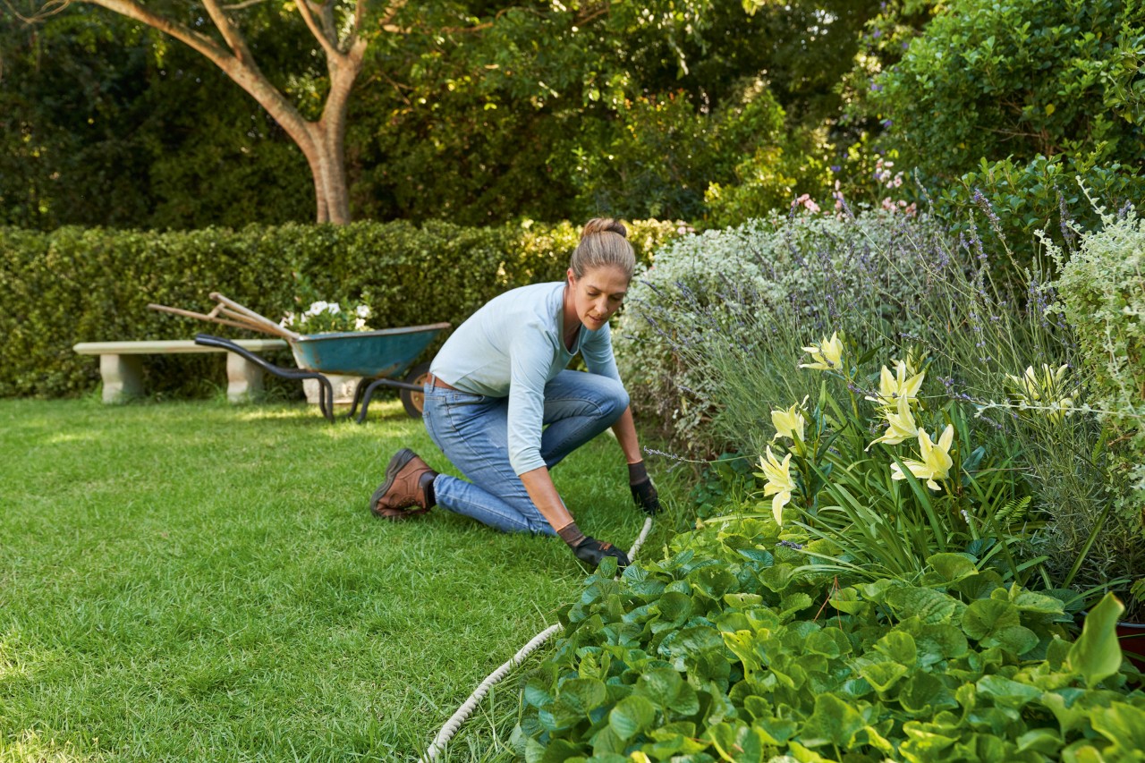 Woman wearing STIHL protective gloves uses a hose to mark out a line to create an English lawn edge