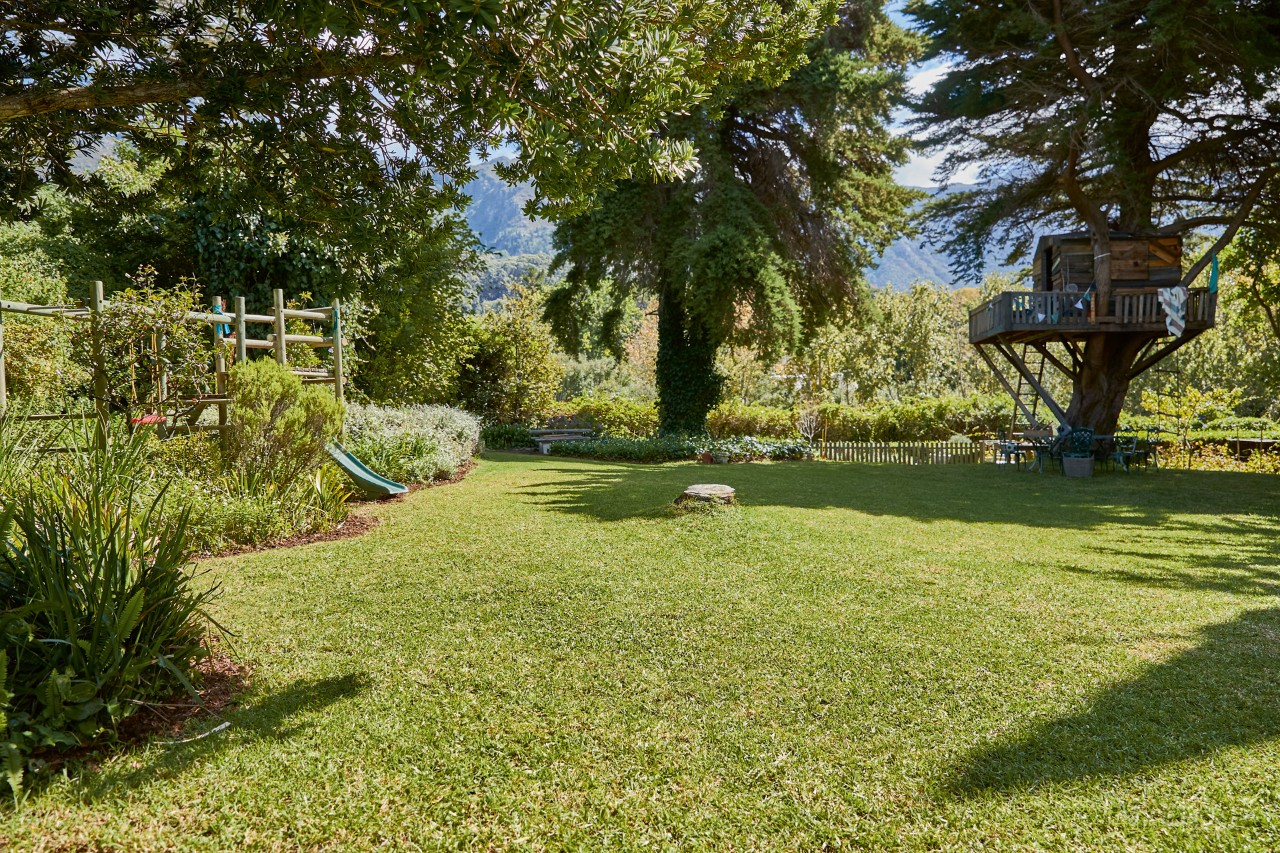 A large plot with green sports and playing lawn and a treehouse