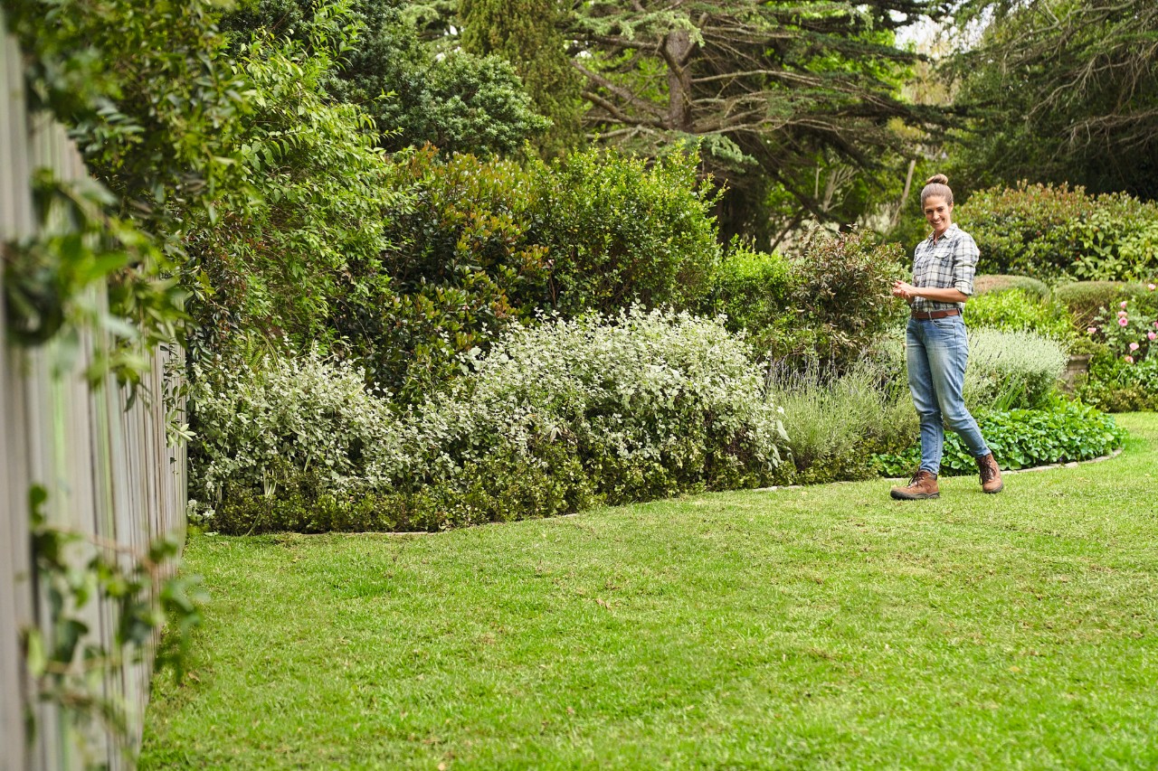A woman in a large garden walking on newly laid rolled turf
