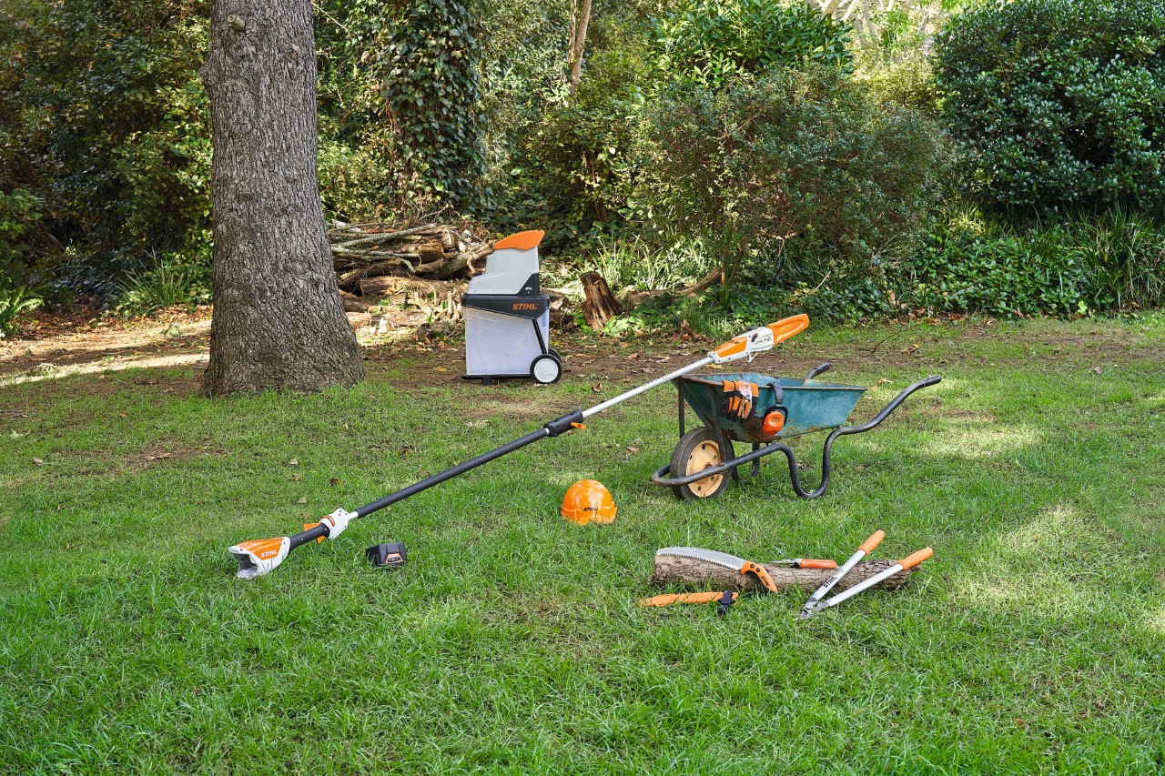 Various tools, such as STIHL secateurs and pruning shears, lie on a lawn in a garden, ready to prune an apple tree