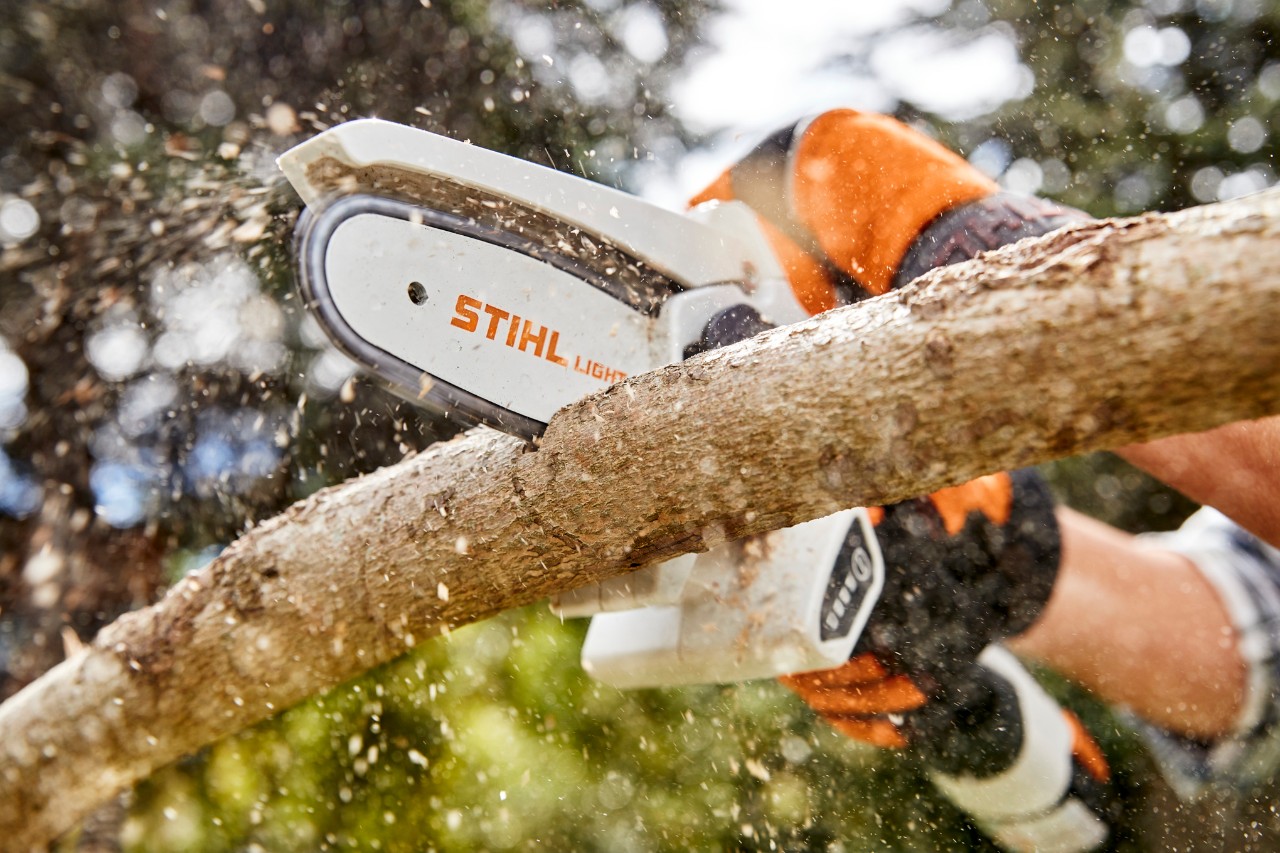 A person cutting a branch with the GTA 26 battery garden pruner.