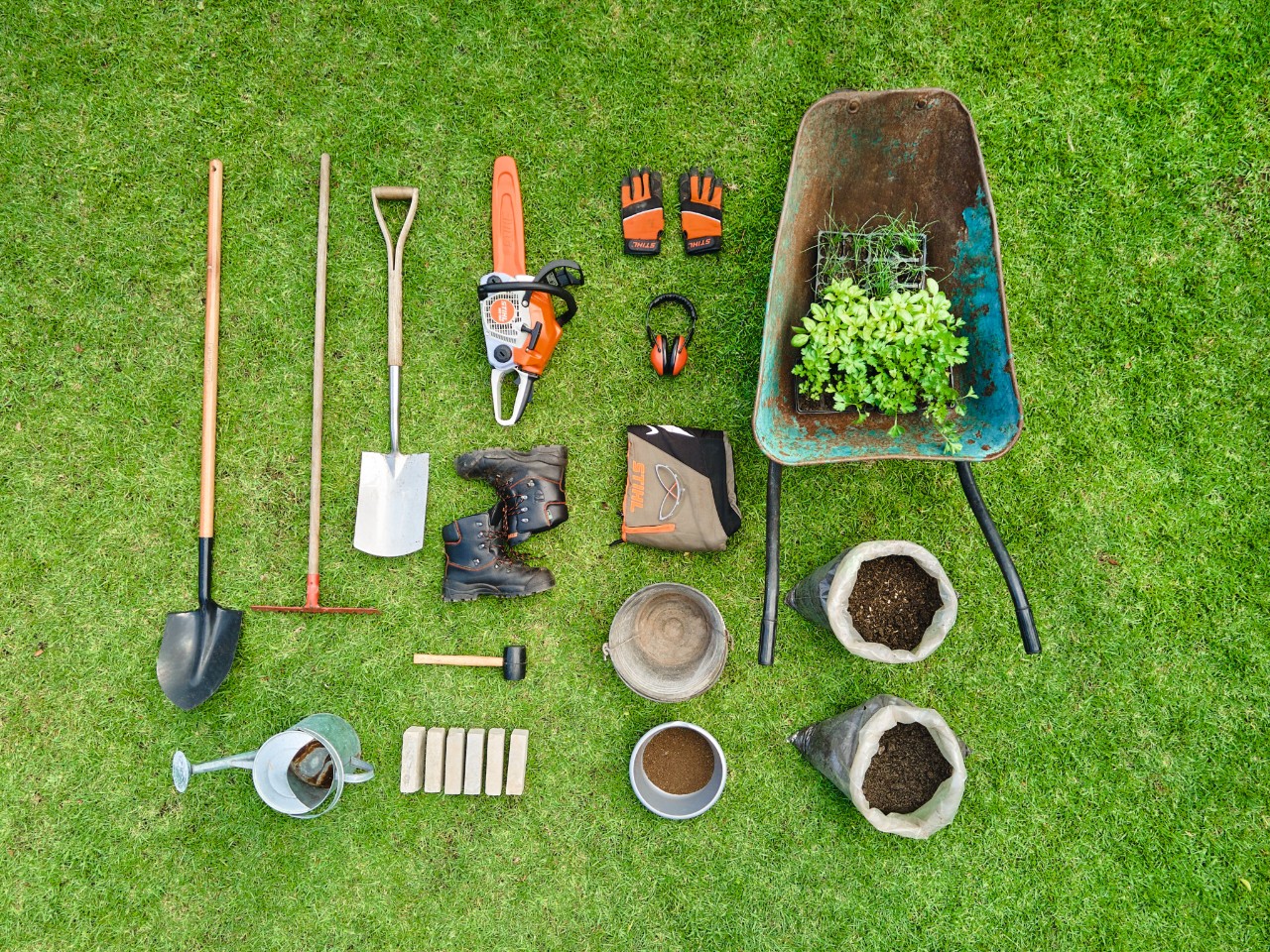 Materials and tools to remove a tree stump are ready to use displayed on a lawn 