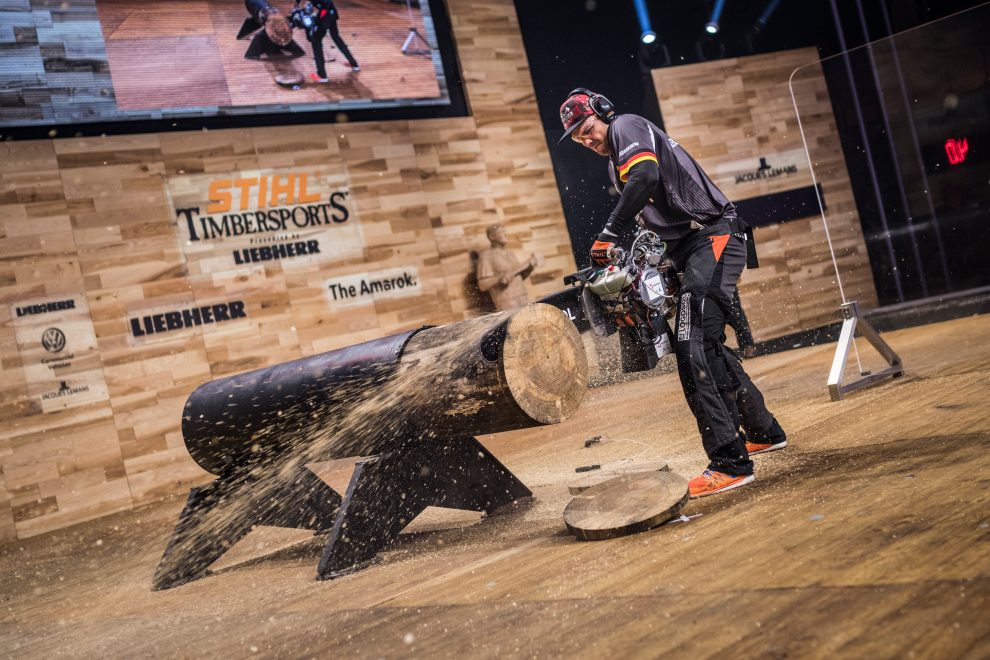 Sports lumberjack on stage at the 2018 STIHL TIMBERSPORTS® World Championship in Liverpool