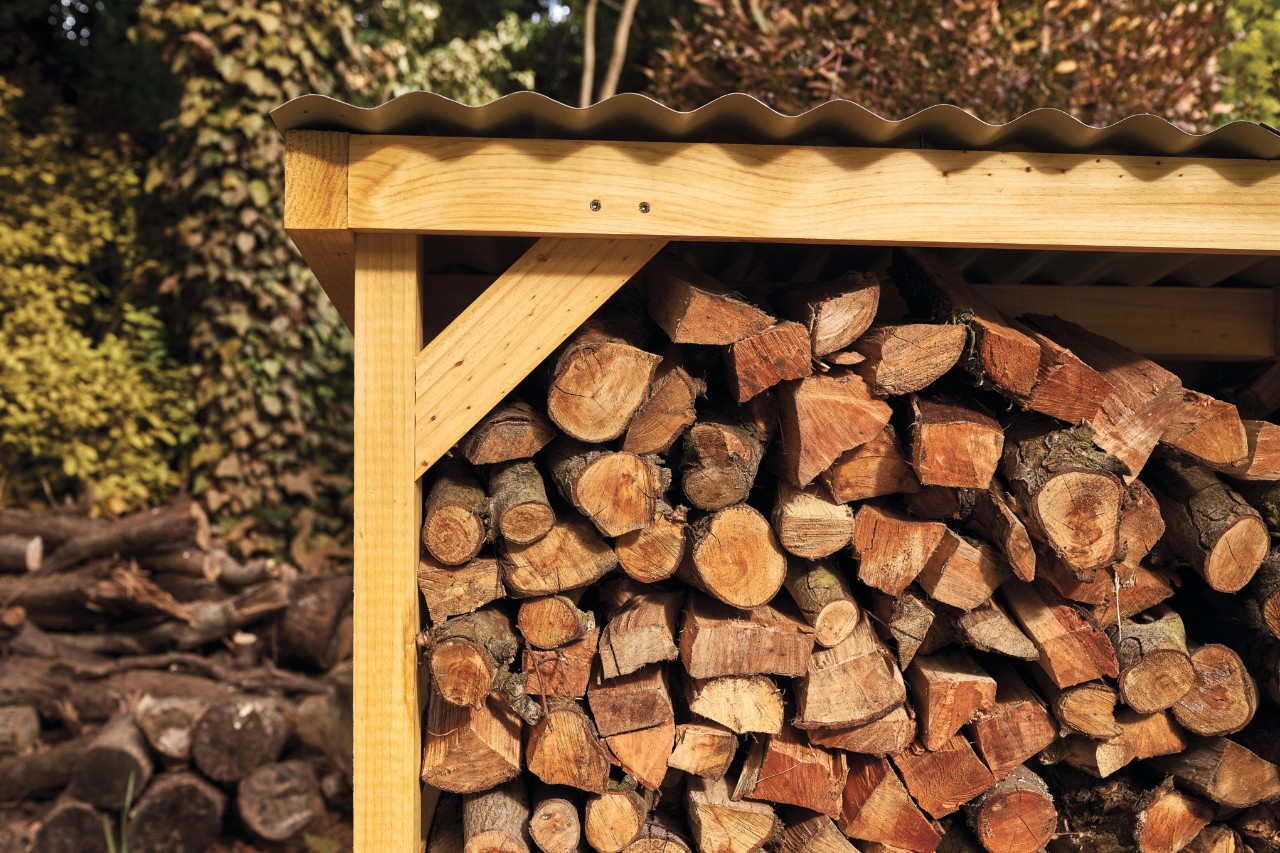 Close-up of firewood stacked in an outdoor log storage shed