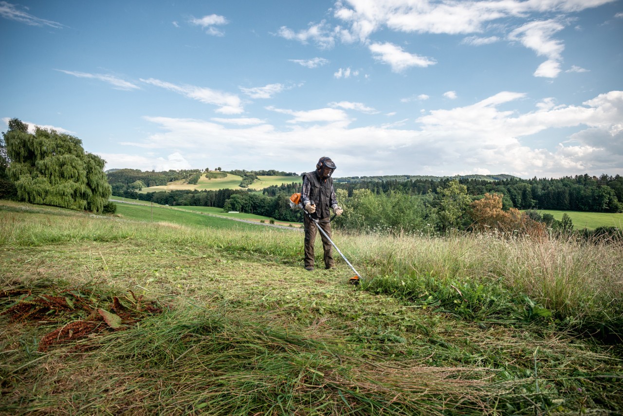 A person mowing a large, level area with a STIHL FS 230 brushcutter